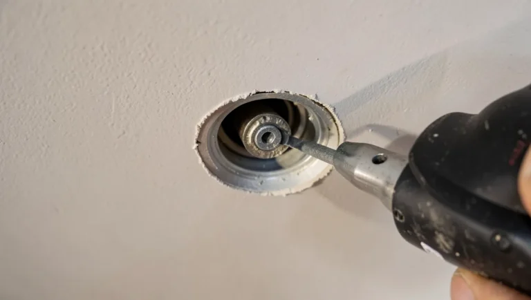 Adjustable hole saw cutting a recessed can light hole in a drywall ceiling