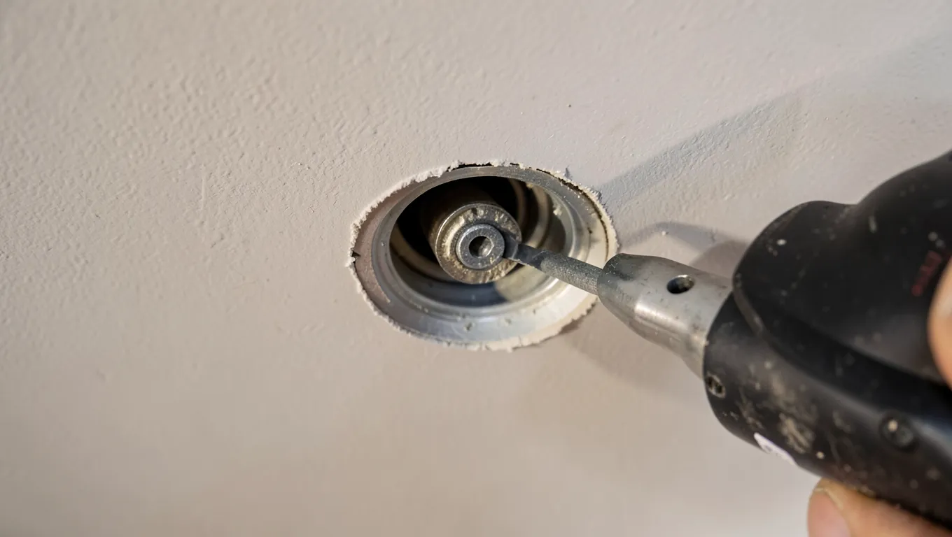 Adjustable hole saw cutting a recessed can light hole in a drywall ceiling