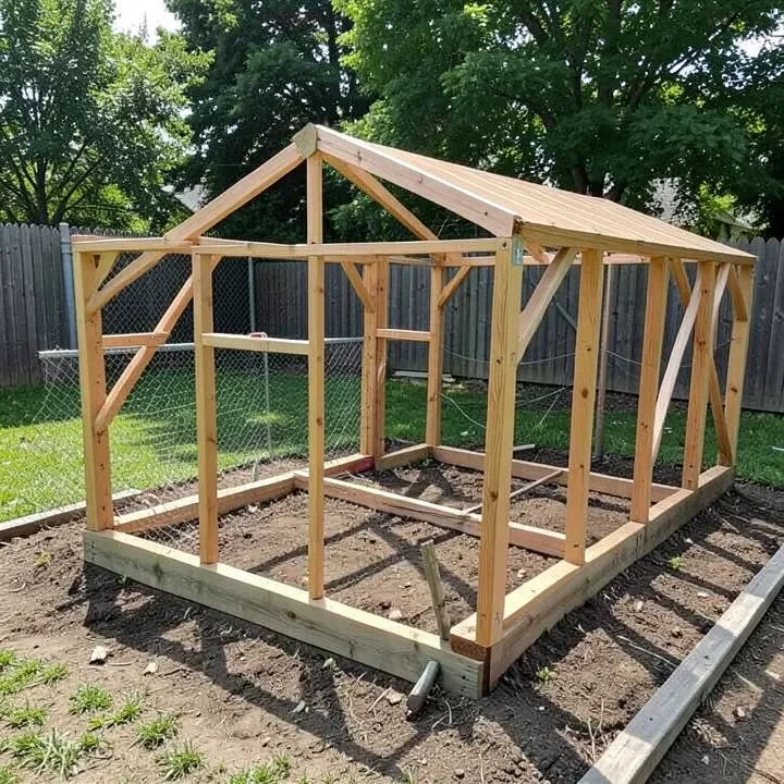 Wooden chicken coop frame under construction