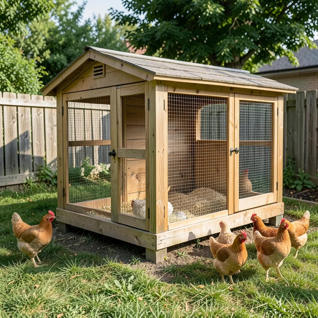 Finished wooden chicken coop in a backyard