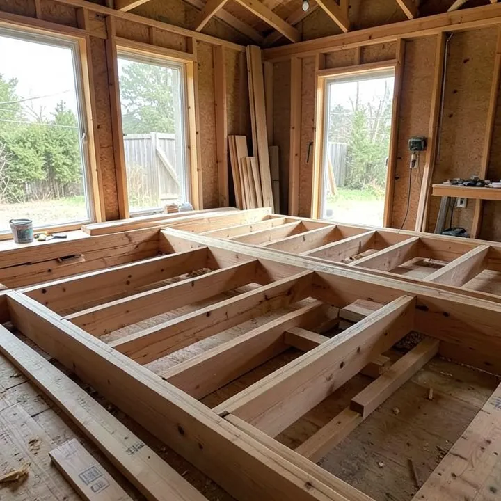 wood floor joist trusses installed during residential framing construction