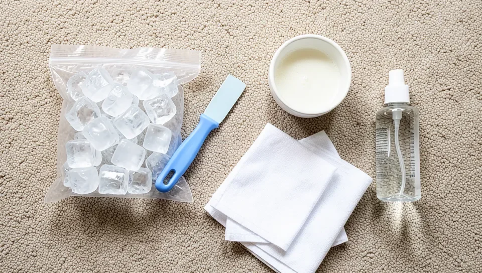 Supplies for removing glue from carpet: ice, scraper, cloths, and mild solvents