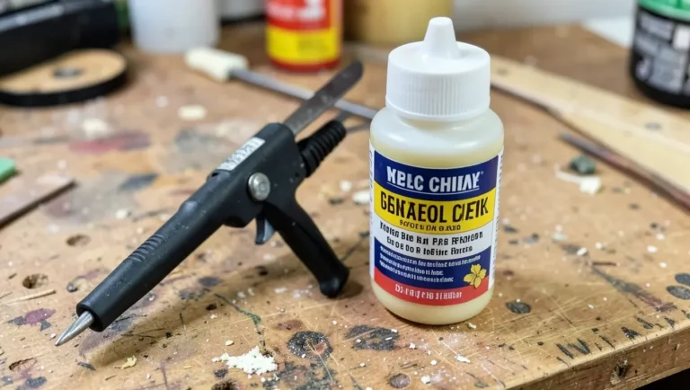 A caulk gun next to a bottle of wood glue