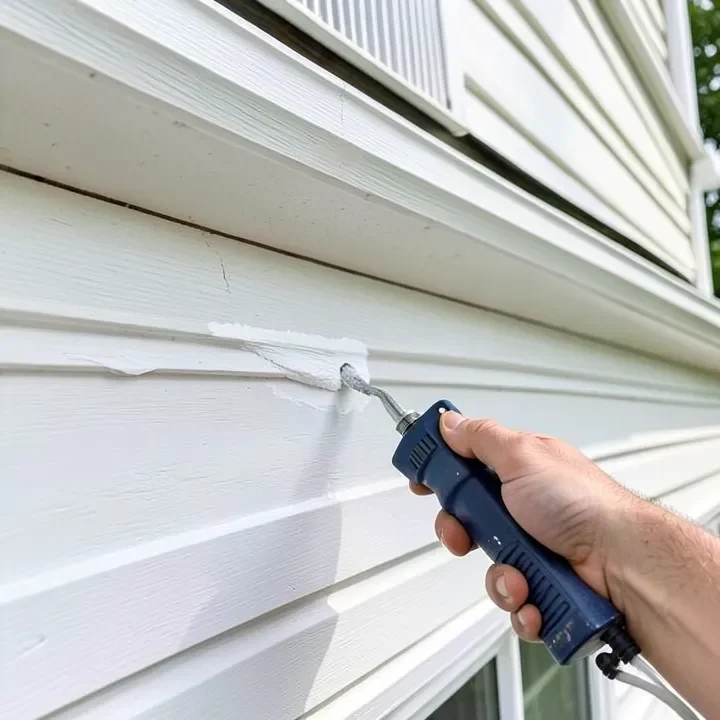 Homeowner applying exterior caulk along a repaired wood trim seam to prevent future rot