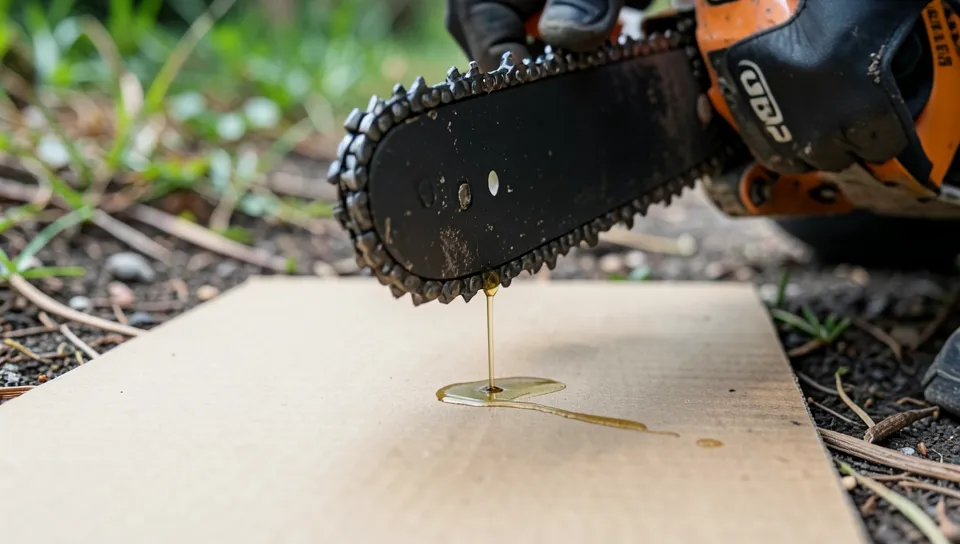 Testing chainsaw bar oil flow by holding the bar tip above cardboard