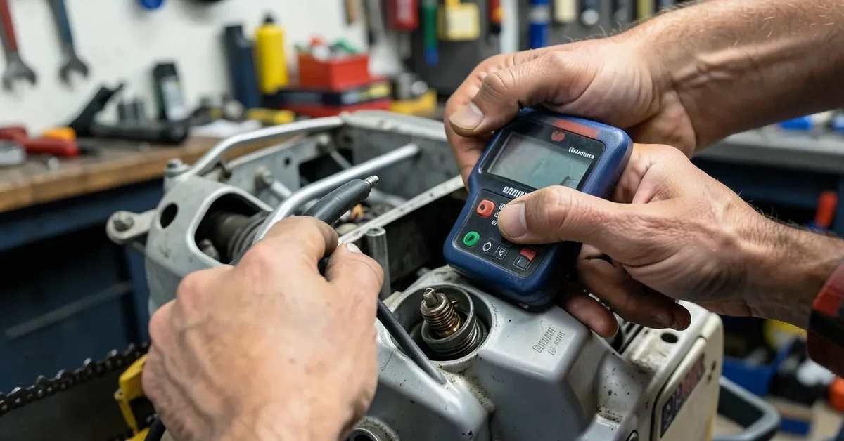Mechanic testing a chainsaw ignition coil with a multimeter