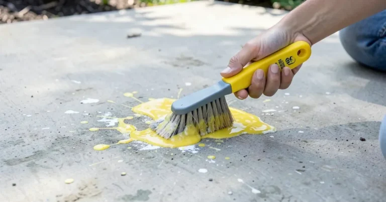 Citrus-based paint stripper being scrubbed off paint splatter on a concrete patio