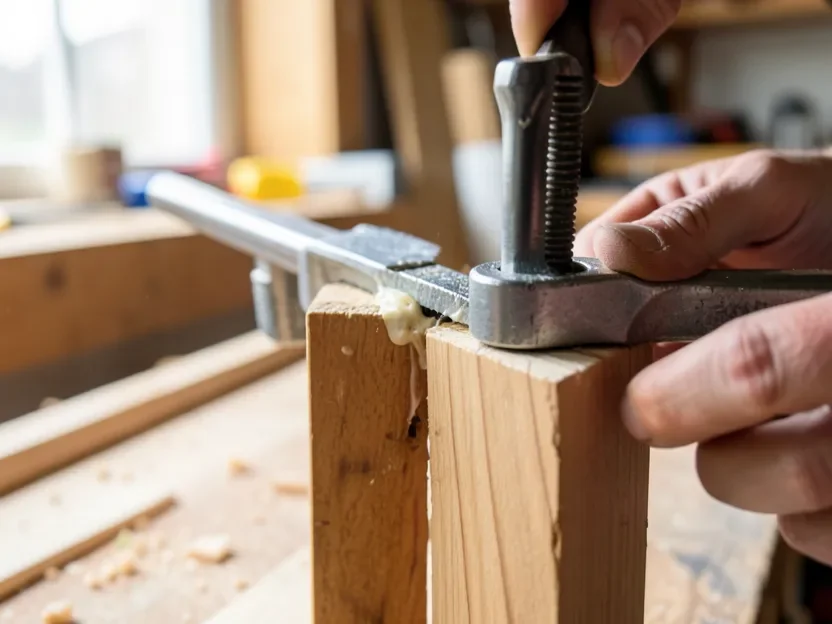 Woodworker clamping a glued wood joint together with a bar clamp