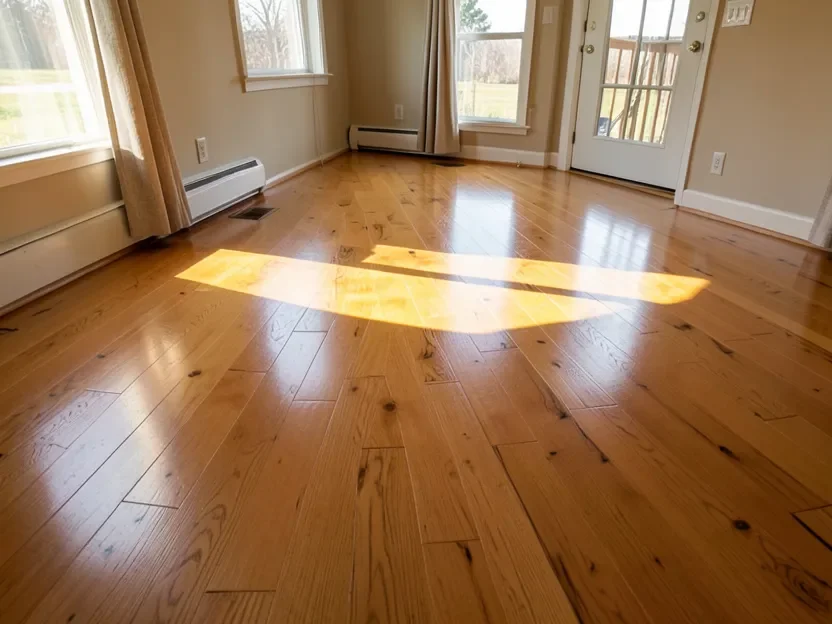 A clean, glossy hardwood floor lit by afternoon sunlight after cleaning