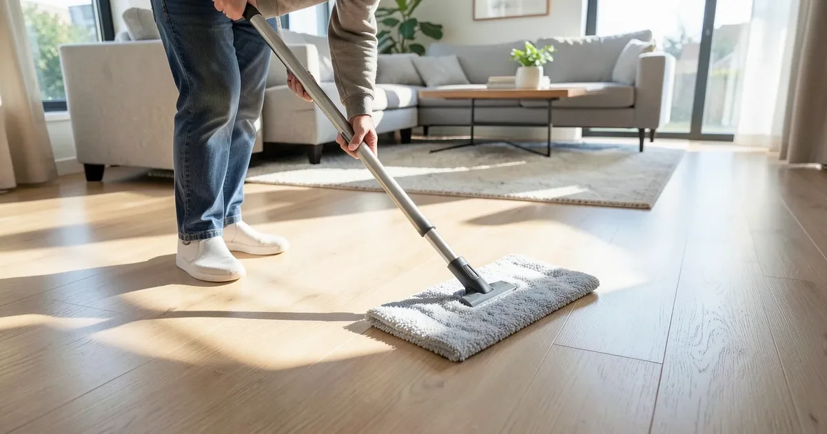 Person mopping a laminate floor with a microfiber mop, leaving a clean streak-free shine