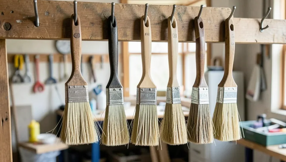 Clean paint brushes hanging bristles-down to dry