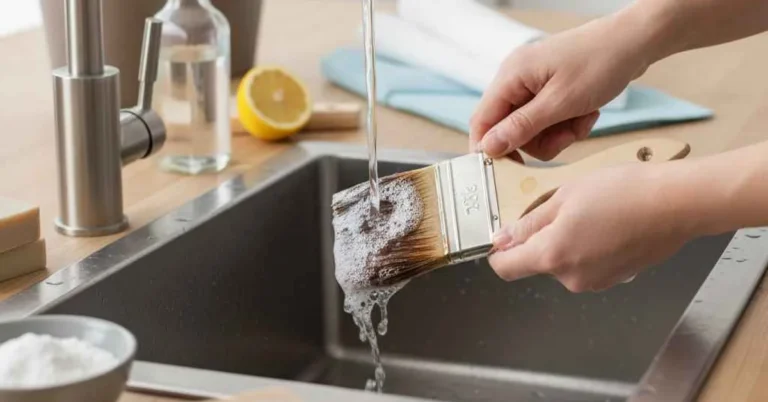 Hand washing a paint brush stained with wood stain under running water without mineral spirits