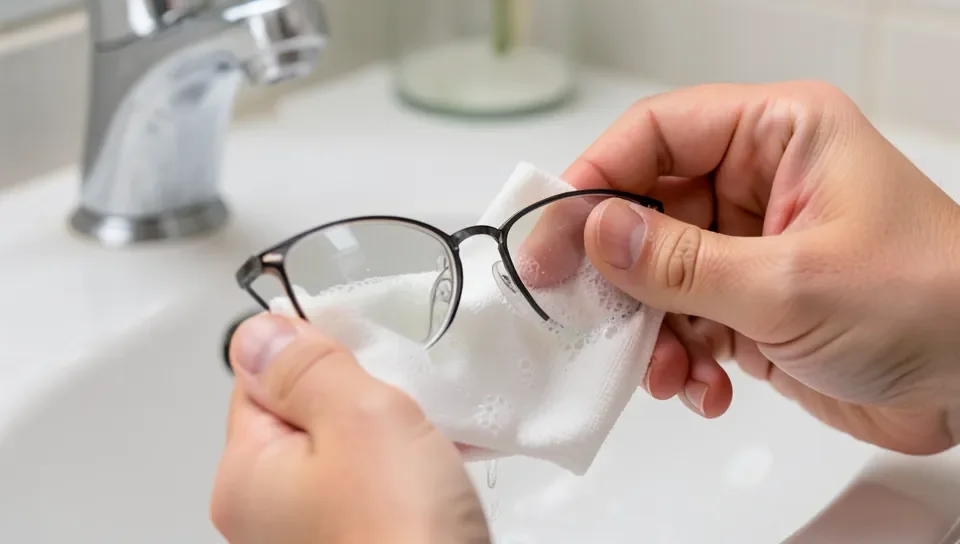 Cleaning eyeglasses lenses with warm soapy water