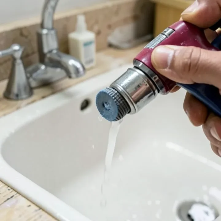 close-up of a paint sprayer nozzle being rinsed clean after use