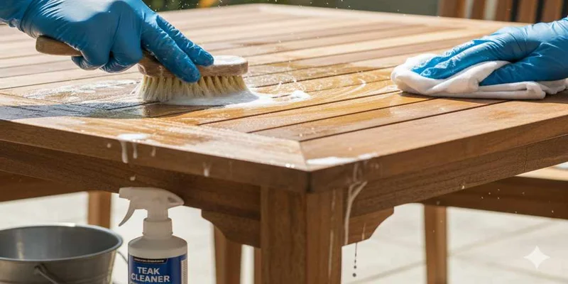 Cleaning a teak outdoor table with a brush
