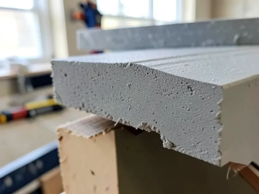 Raw unprimed cut edge on fiber cement siding Close-up of a freshly cut fiber cement siding edge showing raw unprimed gray cement