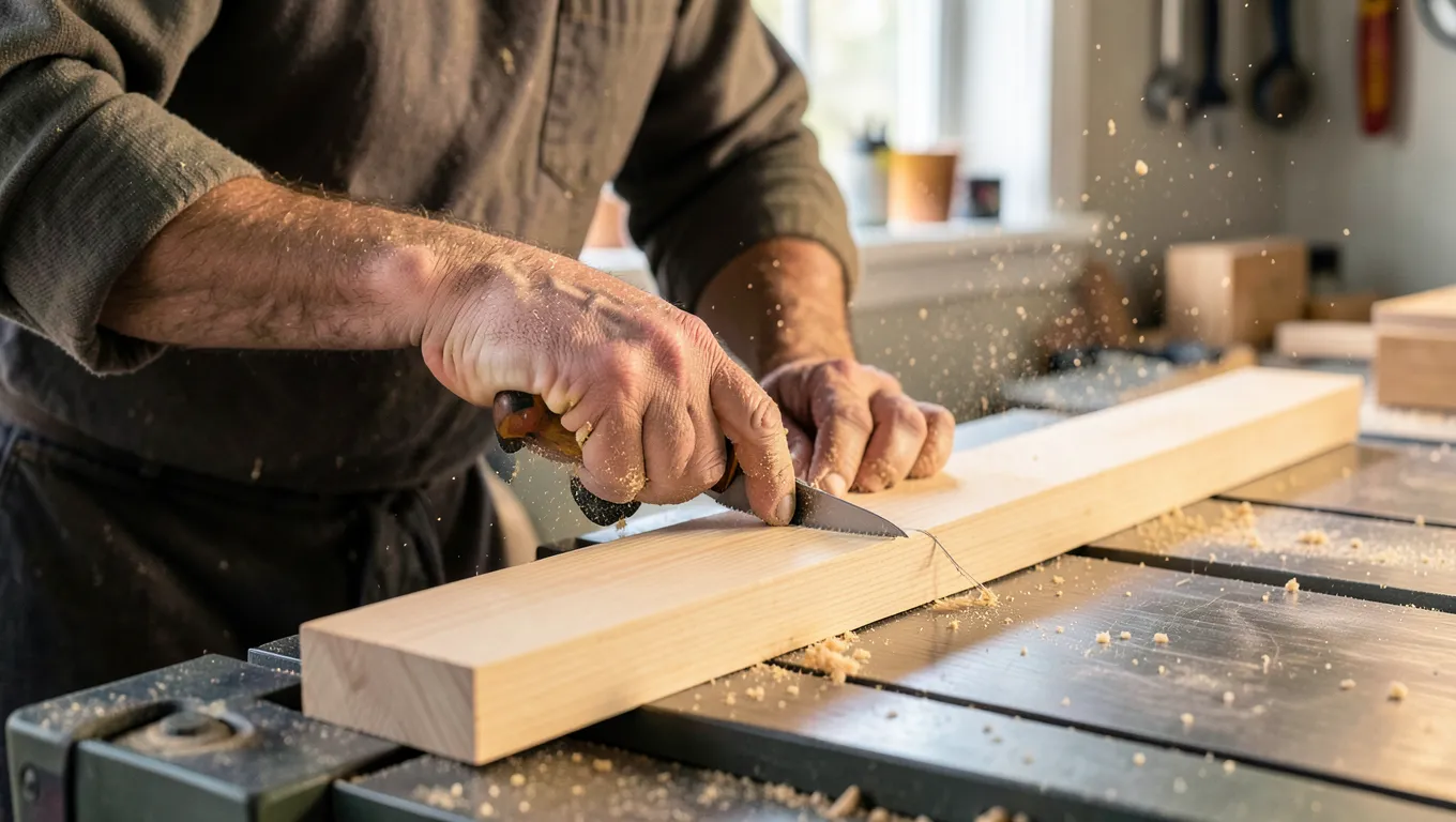 Cutting a straight-grained ash wood board by hand on a workbench
