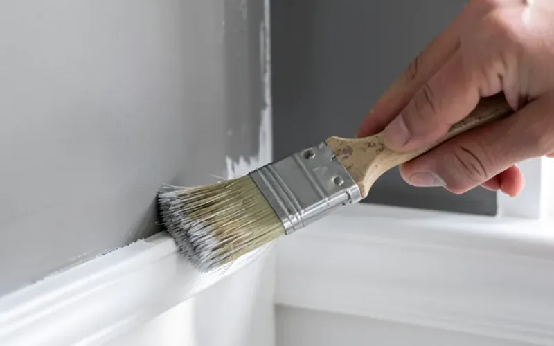 Hand using an angled paint brush to cut in paint along white trim Hand using an angled paint brush to cut in paint along white trim
