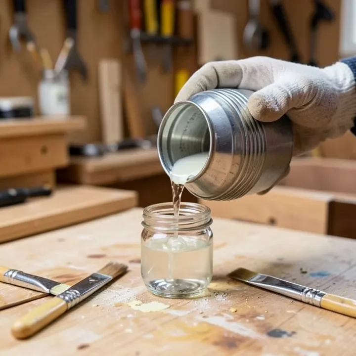 Pouring lacquer thinner solvent into a jar in a woodworking workshop