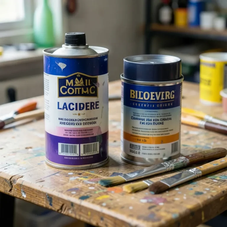 Lacquer thinner and paint thinner cans side by side in a workshop