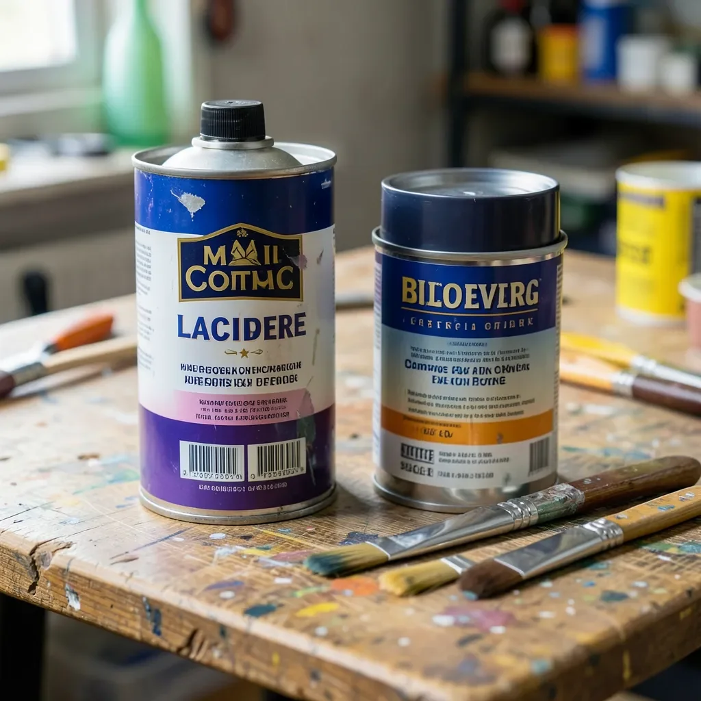 Lacquer thinner and paint thinner cans side by side in a workshop