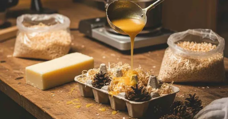 Pouring melted wax over wood shavings and pinecones in an egg carton to make DIY fire starters