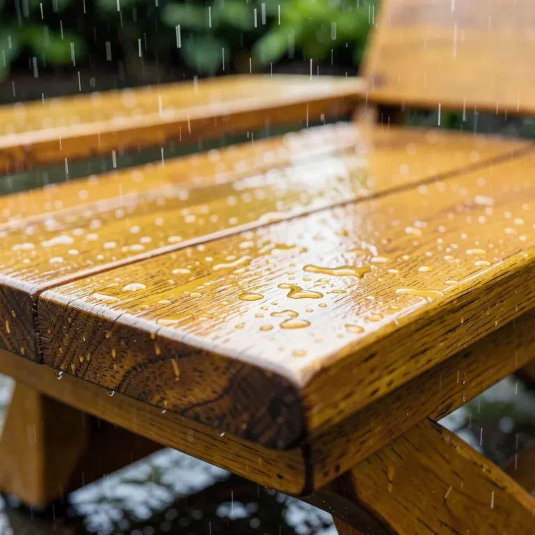 Rain beading on golden-brown teak wood outdoor furniture