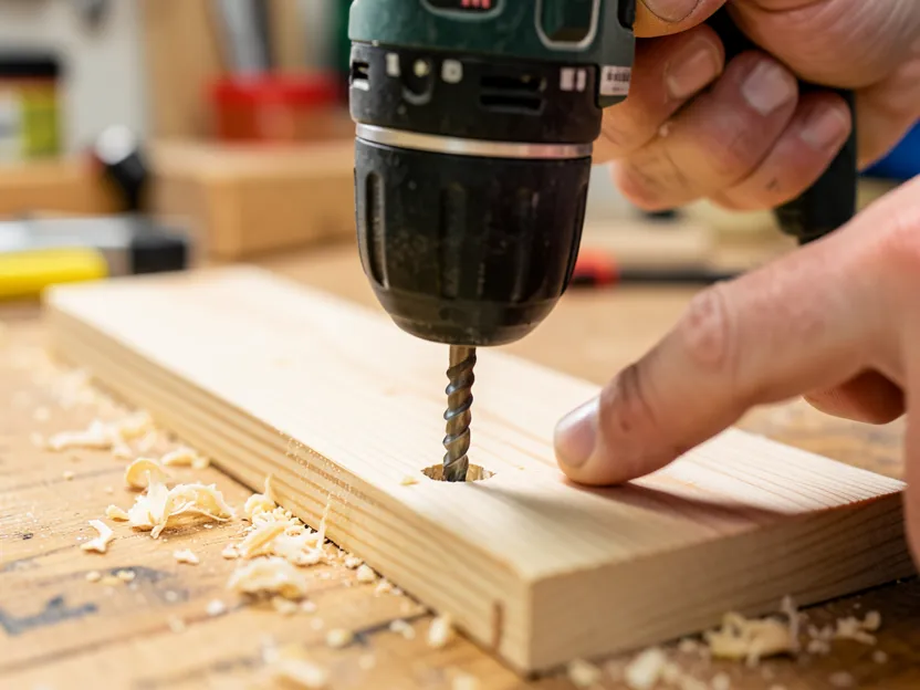 Drilling a pilot hole in a wood board before driving a sheet metal screw