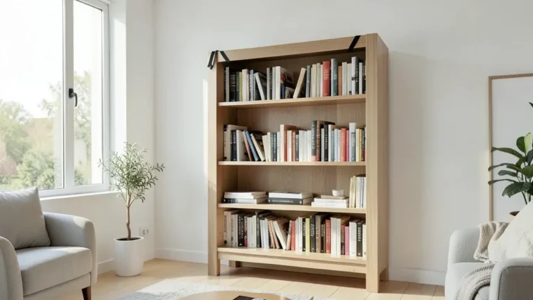 Wooden bookshelf secured to the wall with a black anti-tip safety strap