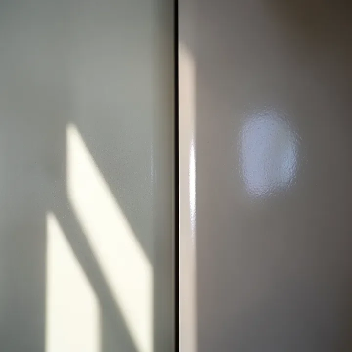 Two painted wall swatches side by side showing the sheen difference between eggshell and satin under raking light