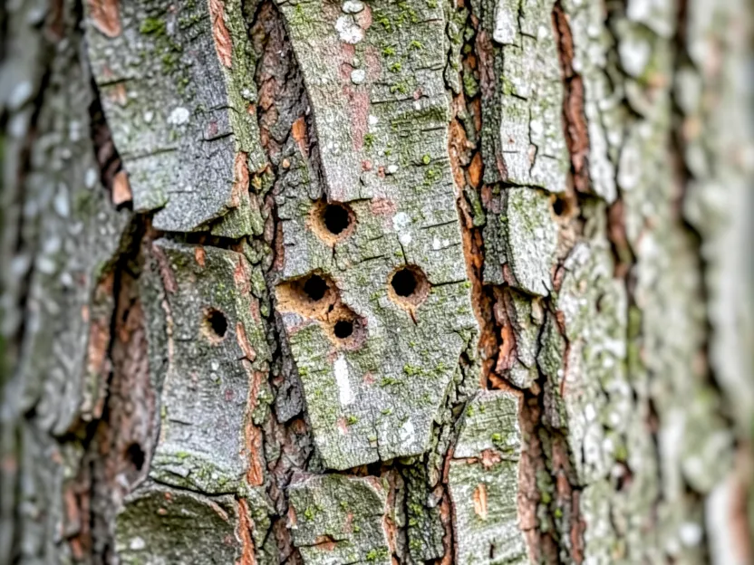 Close-up of D-shaped emerald ash borer exit holes in ash tree bark