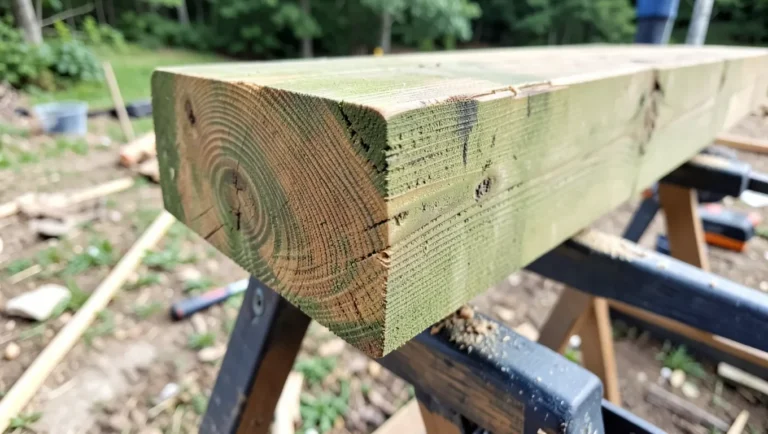 Freshly cut end of a pressure-treated 4x4 wood post showing exposed untreated core