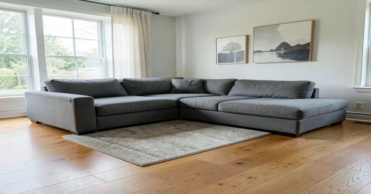 Gray sectional sofa on hardwood floor