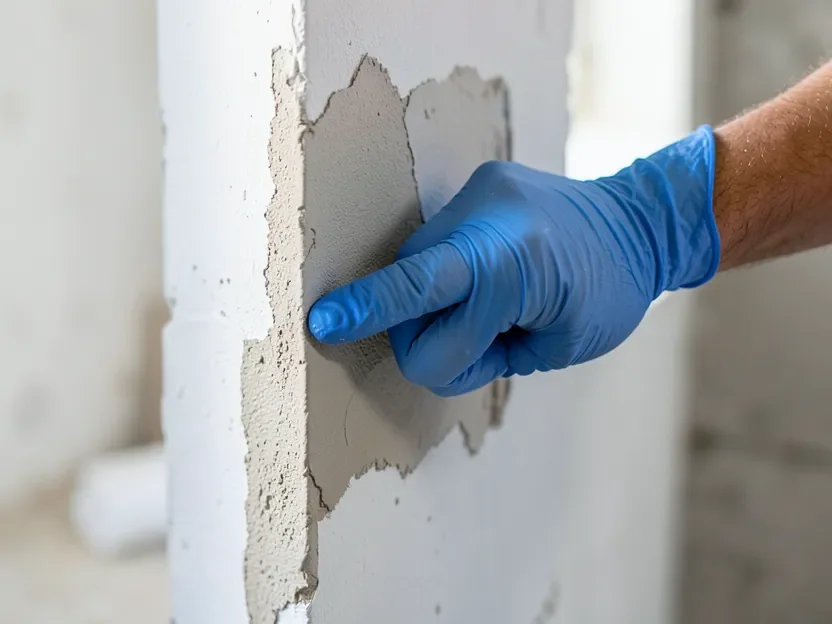 Testing freshly applied wall texture with a gloved finger to check if it is dry enough to paint