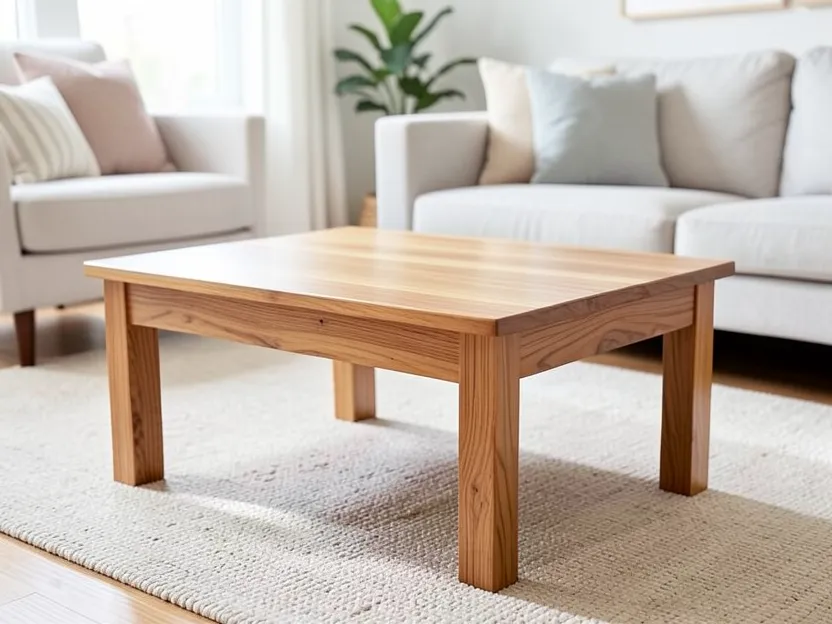 Finished ash wood coffee table with straight grain and clear varnish finish in a living room