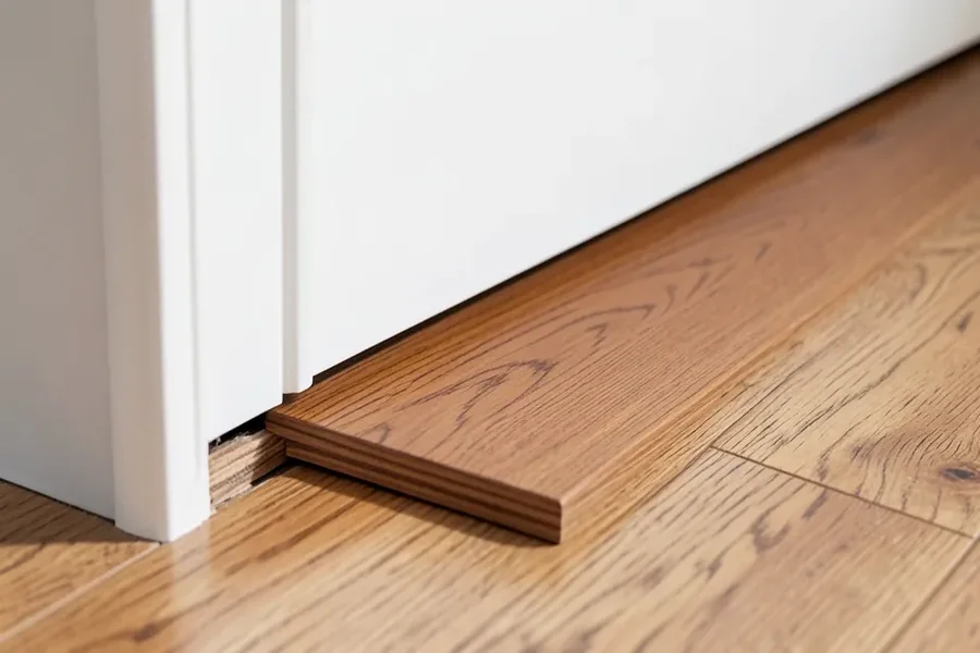 New hardwood flooring plank slid neatly under an undercut door casing with no gap