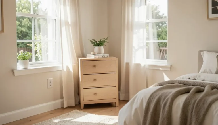 Wood dresser in a bright bedroom with the window open for ventilation