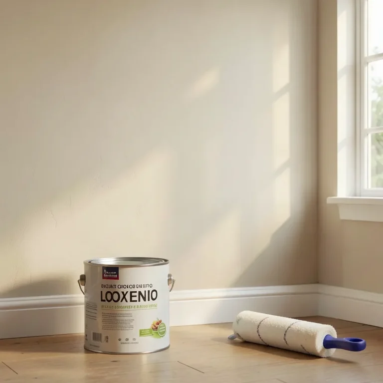 Freshly painted interior wall with a paint can and roller nearby