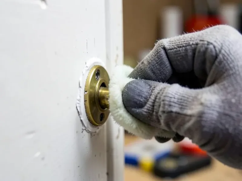 Soft nylon scrub pad gently removing paint from a brass doorknob without scratching