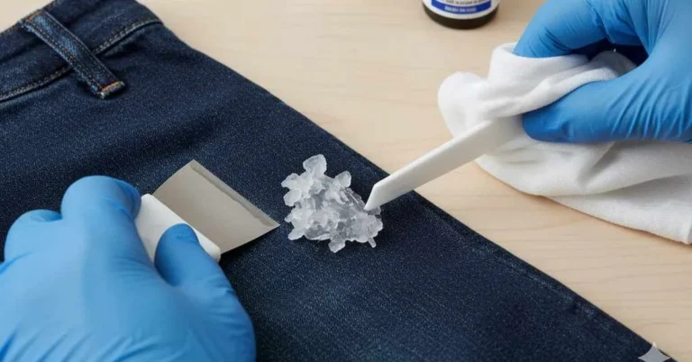 Scraping dried glue off denim jeans with rubbing alcohol and a cloth nearby