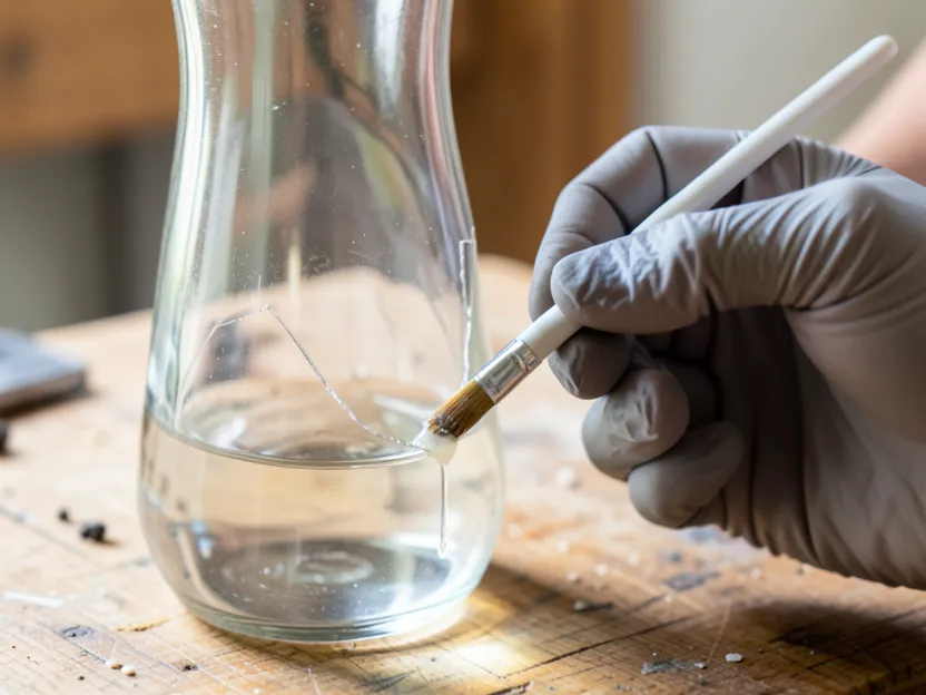 Gloved hands applying clear glass adhesive to a crack in a glass vase