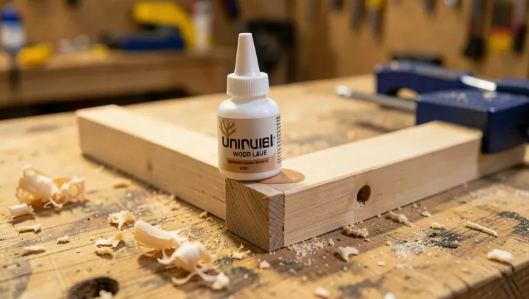 Wood glue applied to a clamped wood joint on a workshop bench