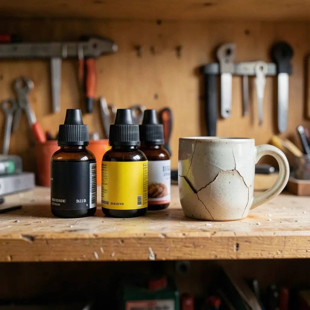 Glue bottles and a cracked ceramic mug on a workshop shelf