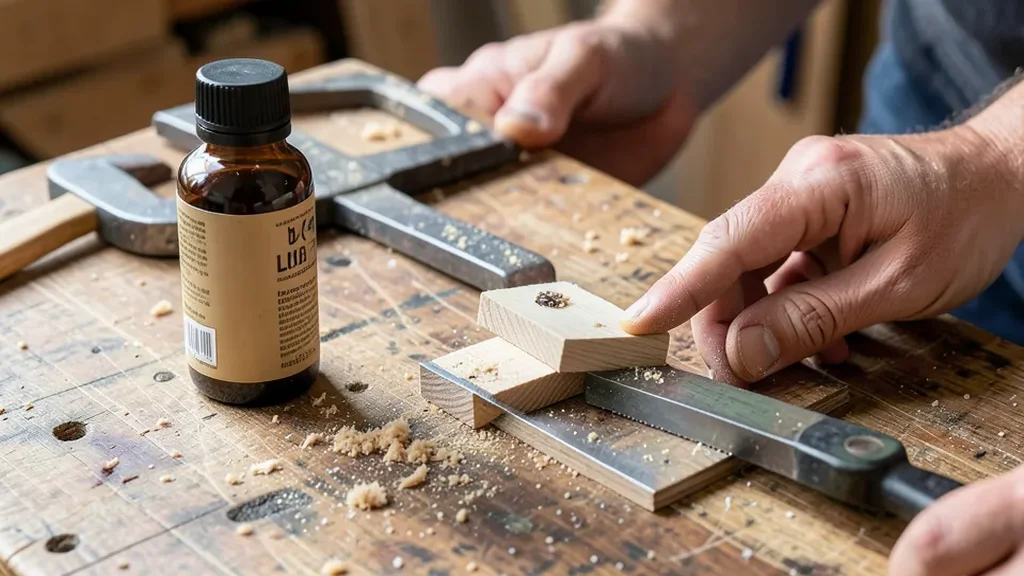 Testing a glued wood joint on a workbench with a clamp nearby