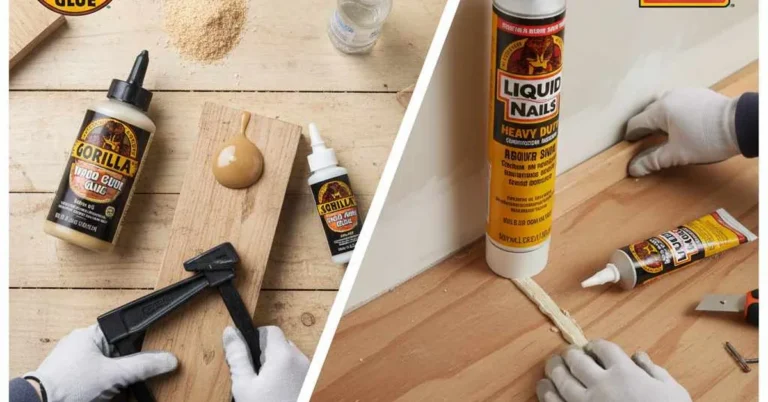 Gorilla Glue and Liquid Nails tubes applied to wood and drywall panels side by side