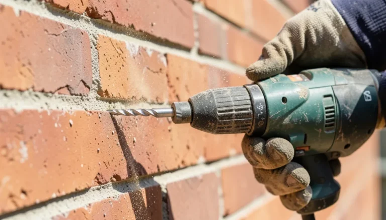 A hammer drill with a masonry bit drilling into a brick wall
