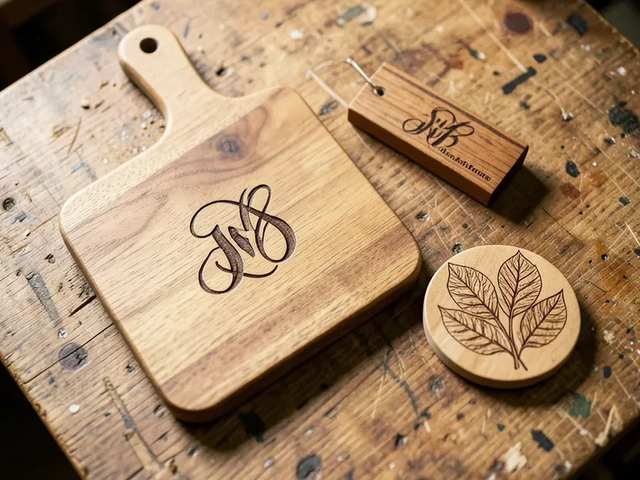 Finished hand-engraved wood pieces including a monogrammed cutting board and coaster
