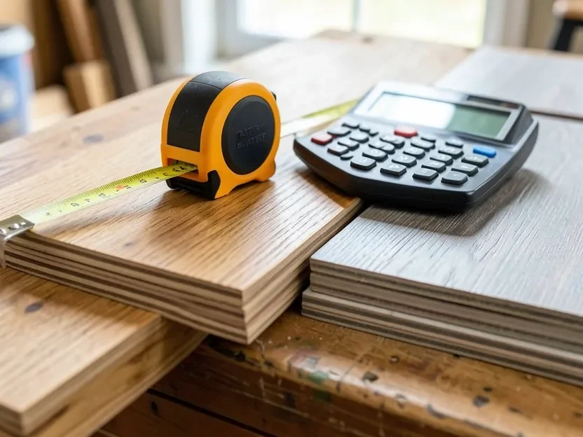 Tape measure and calculator on stacked hardwood and LVP flooring samples for cost estimating