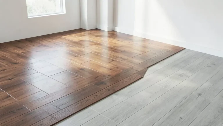 Hardwood flooring transitioning to luxury vinyl plank flooring in a bright living room