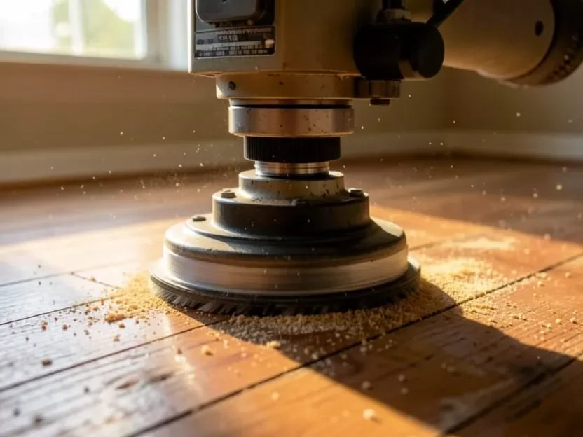 Drum sander refinishing a worn hardwood floor to extend its lifespan